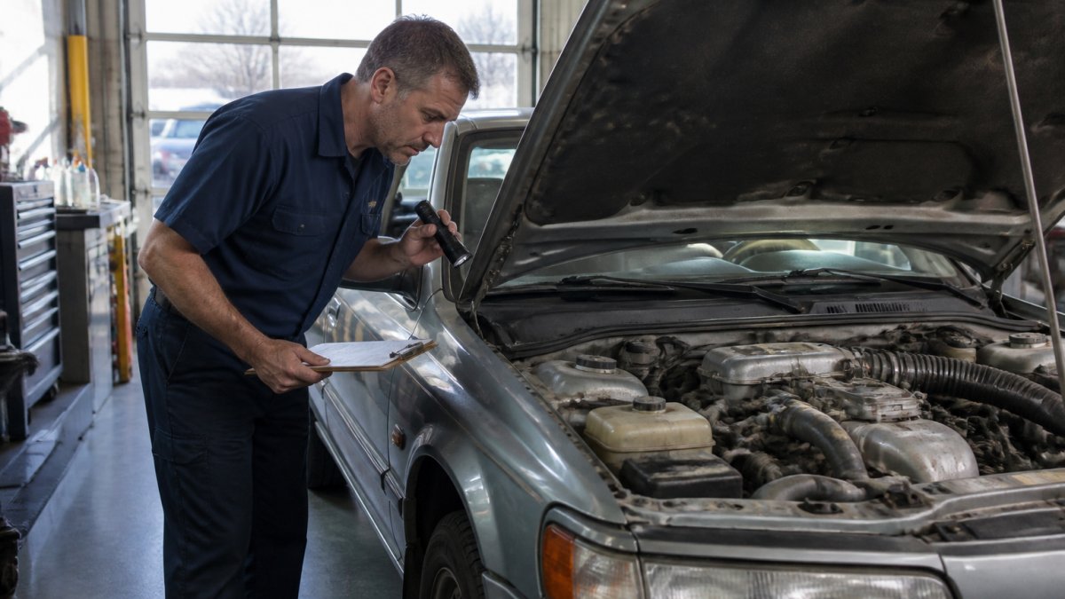 Mechanic inspecting the engine of older vehicles with a flashlight and clipboard in a bright service bay
