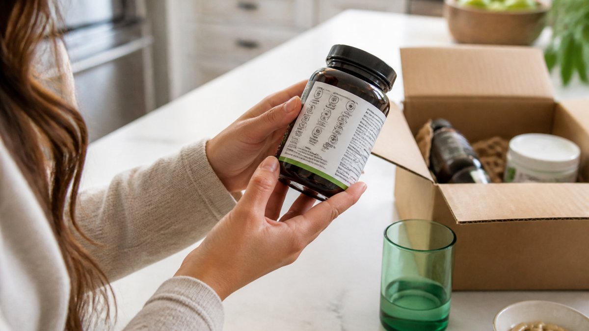 Person reading certification labels on a supplement bottle to verify ethical wellness before purchasing.