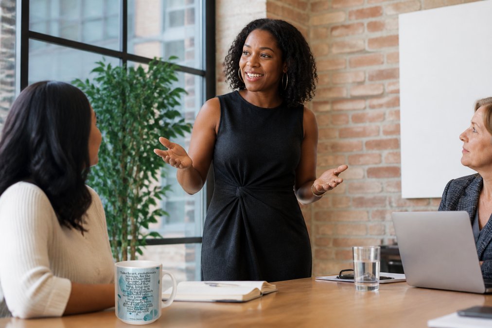 Professional woman leading a confident presentation to colleagues in a modern office, speaking with natural authority while embodying collaborative and inclusive leadership presence
