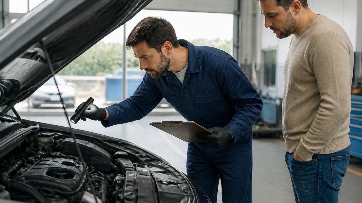 Mechanic inspecting a used sedan engine with a car buyer watching nearby