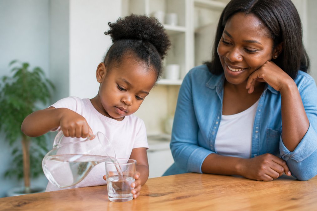 A parent smiles as a young child practices pouring water, one of the five pillars of building adaptive self-care skills.