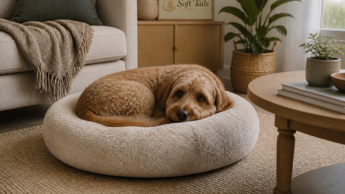 A medium-sized dog curled up on a plush round pet bed in a bright living room, with a coffee table and houseplant nearby