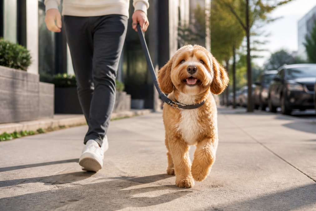 A happy dog wearing a modern charcoal collar and leash set walking alongside its owner on a sunny urban street, showcasing premium materials and contemporary design