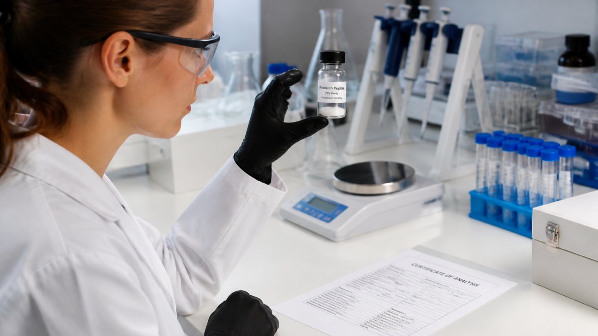 A laboratory researcher in a white coat examining a small labeled vial of lyophilized peptide powder next to a printed certificate of analysis on a clean benchtop