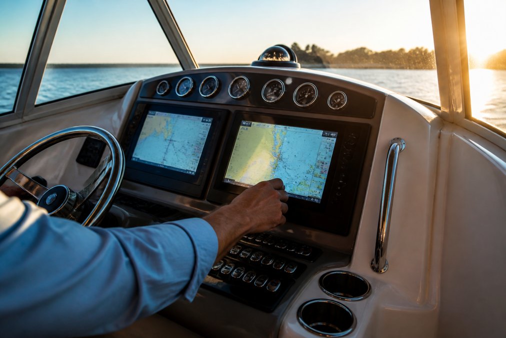 A captain's hand adjusting a large touchscreen chartplotter at a boat helm, navigation charts glowing on the display, late afternoon light through the windshield
