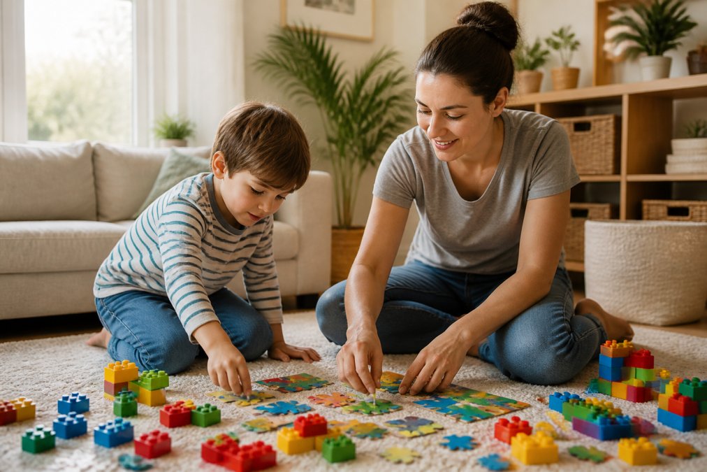 Parent and child sorting colorful building blocks and creative toys on a sunlit living room floor