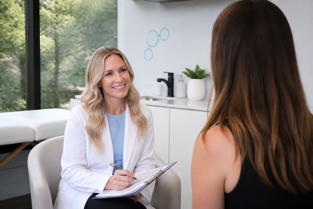 Professional healthcare provider consulting with patient in modern clinical treatment room with natural lighting and wellness-focused design
