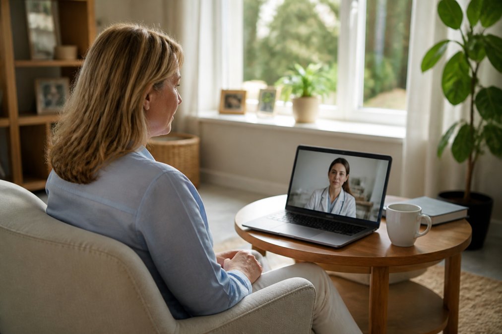 Woman sitting at home on a comfortable chair during a video consultation with a healthcare provider visible on a laptop screen, natural daylight from window, relaxed expression