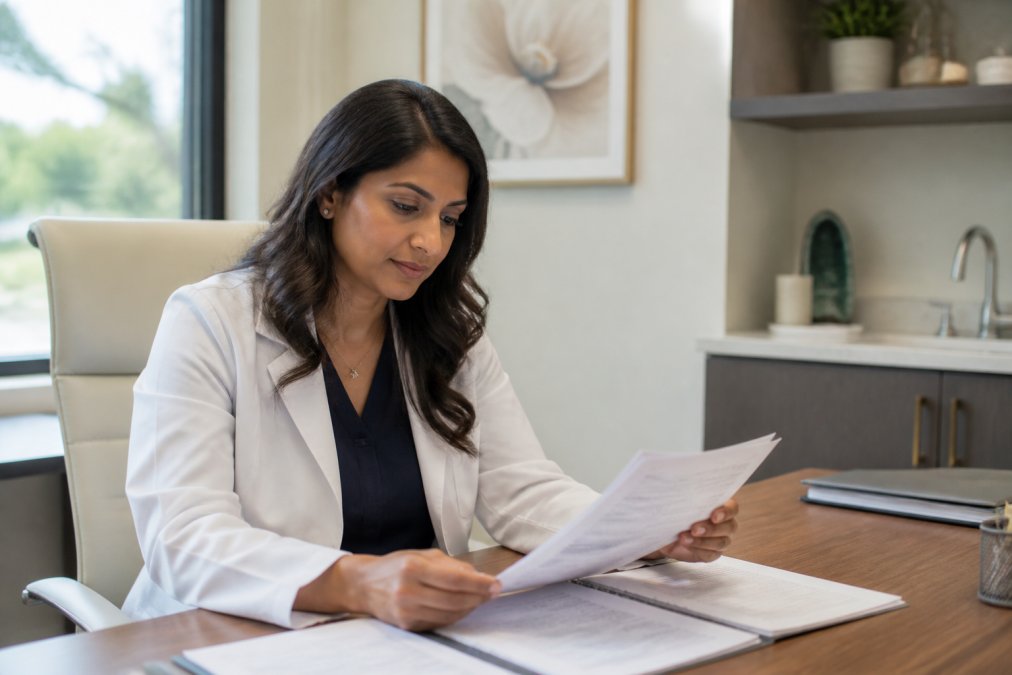 Board-certified gynecologist in modern medical office reviewing detailed lab results and patient notes on computer screen, professional but warm environment with natural lighting
