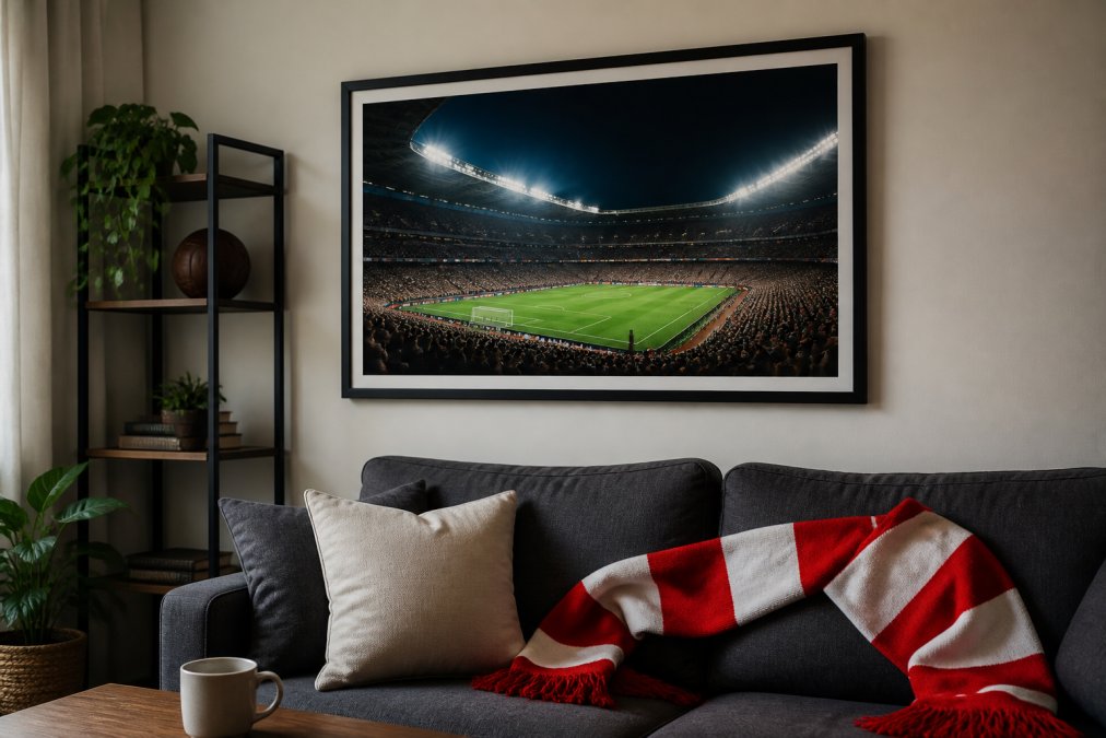 A framed football stadium print hanging on a living room wall, showing a packed stadium under floodlights, with a comfortable sofa and football scarf draped nearby