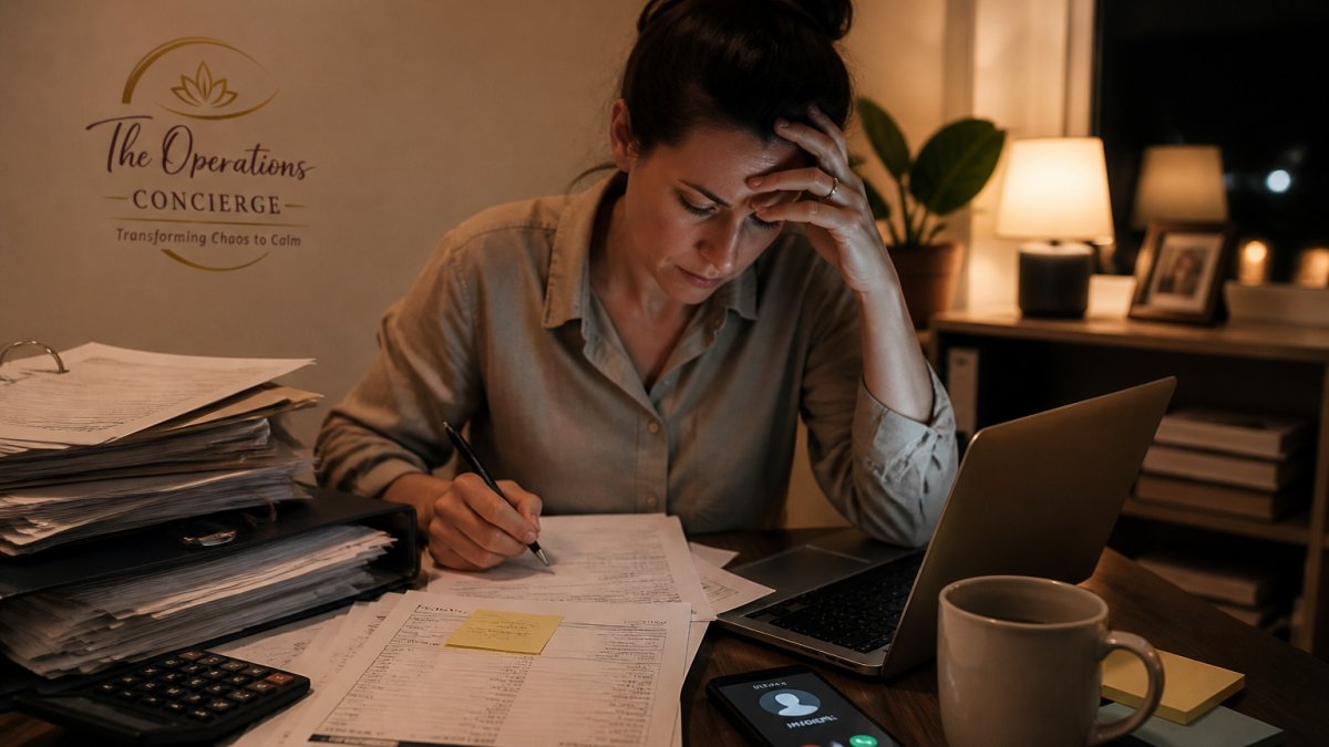 A small business owner at a cluttered desk late in the evening, laptop open to an inbox, paper invoices and a phone showing missed calls beside a coffee cup