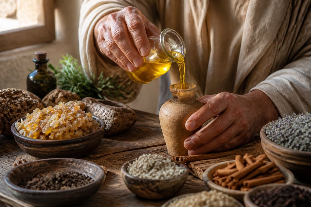 Infographic showing the step-by-step process of mixing biblical fragrances into holy anointing oil and incense.