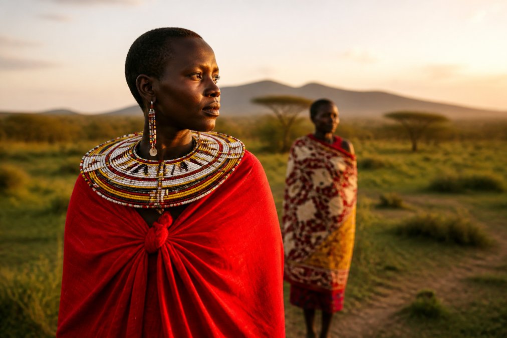 A Maasai woman wearing a bright red shuka and beaded collar, standing in a savanna landscape at golden hour, with another woman in the background wearing a kitenge wrap