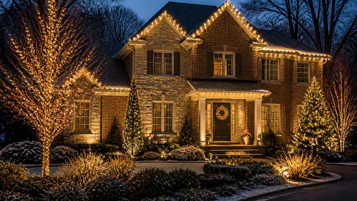 Two-story home at dusk featuring custom christmas lighting on the roofline, illuminated yard trees, and a lit wreath.