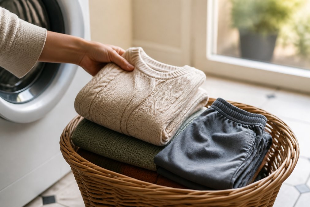 Parent lifting a folded knit jumper from a basket of family fashion essentials in a sunlit laundry room.