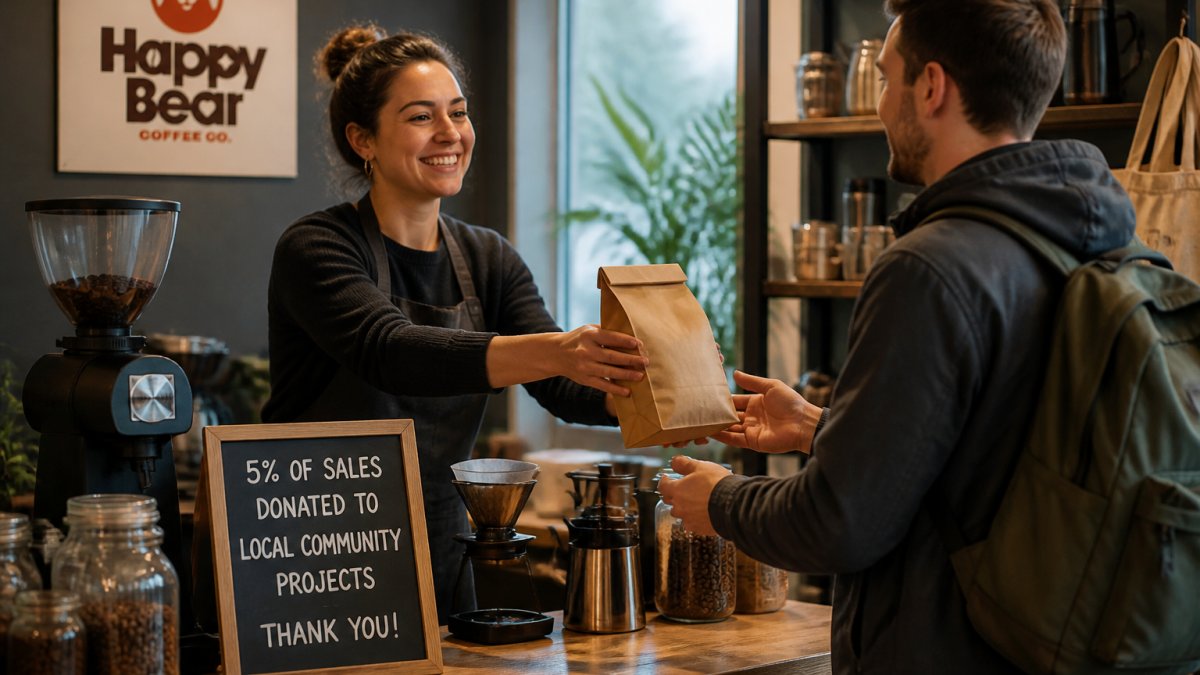 A small coffee roastery counter with a barista handing a bag of whole-bean coffee to a customer, a handwritten sign nearby noting a community donation, warm natural light