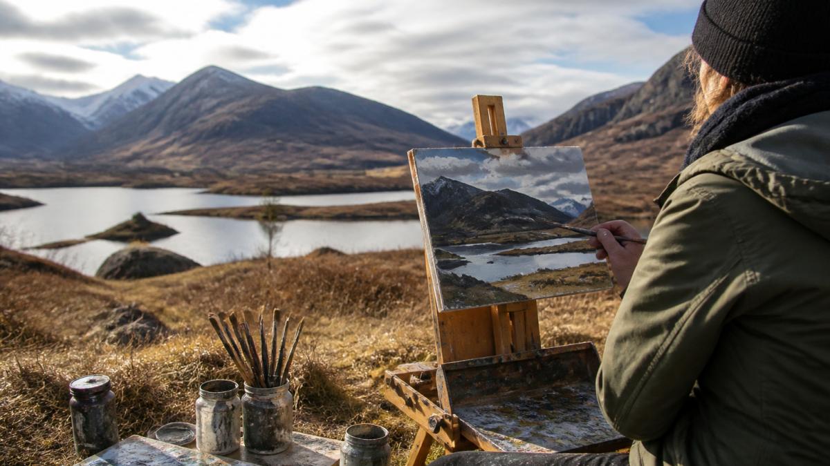 A Highland artist working at an easel outdoors, painting a rugged mountain landscape with lochs and dramatic skies, brushes and paint pots nearby