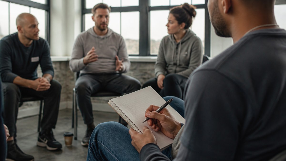 A small group of adults seated in a circle in a community room, one person speaking while others listen and take notes, natural light through windows, supportive and calm atmosphere