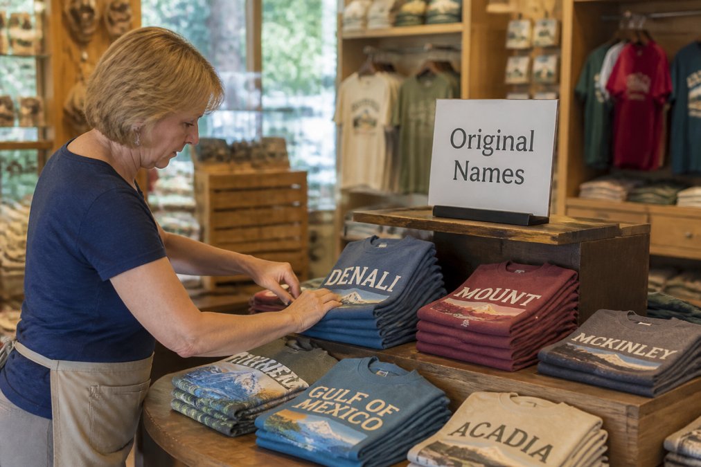 A small business owner arranging t-shirts with original geographic names on a display table in a local souvenir shop, with a sign reading 'Original Names' visible