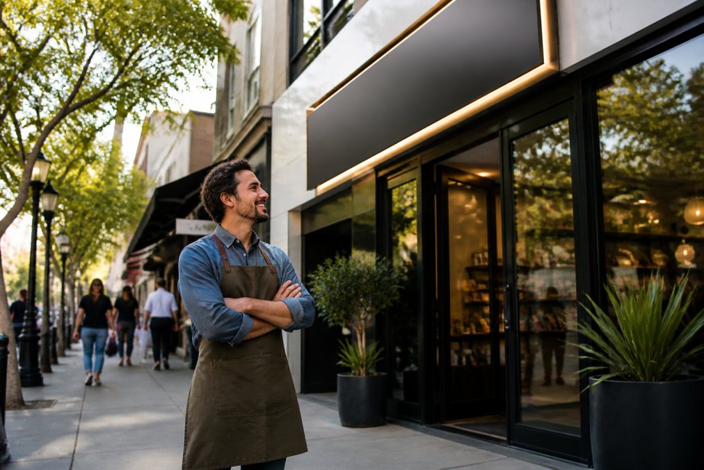 A small business owner standing outside a storefront with a large, well-lit sign, looking at the entrance with a confident smile, urban street setting with pedestrians walking by