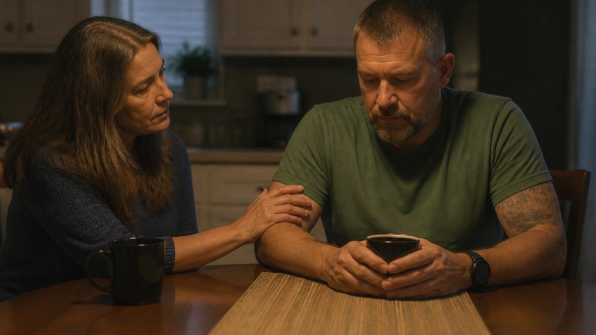 A veteran sitting at a kitchen table with a distant expression, while a spouse gently reaches for their hand, conveying quiet support in a dimly lit home
