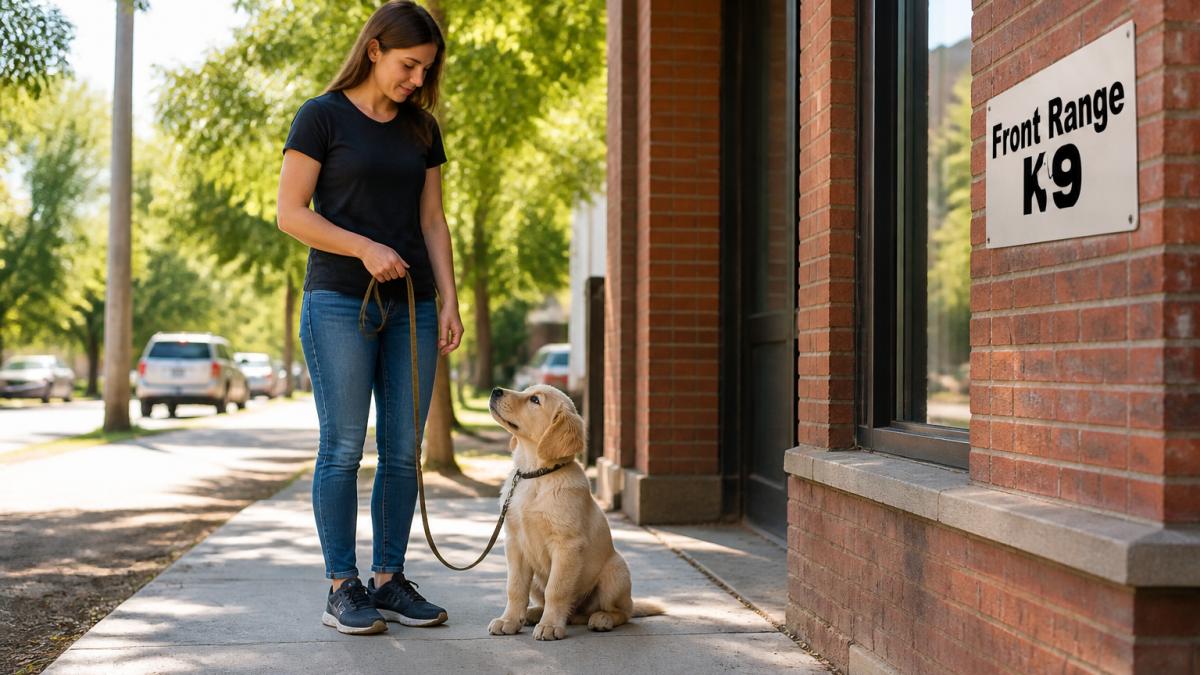 A young puppy sitting attentively beside its owner on a sunny sidewalk, leash held loosely, both calm and focused