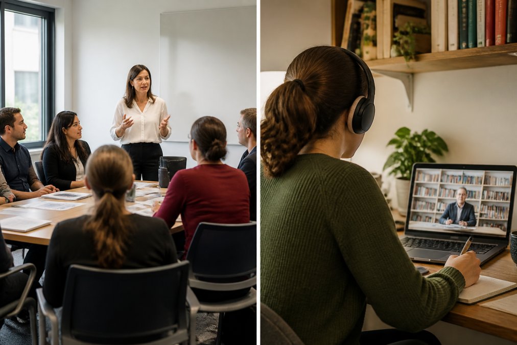 Diverse group of professionals engaged in collaborative discussion during a training session in a modern office environment, with a facilitator leading from the front of the room, natural daylight streaming through large windows
