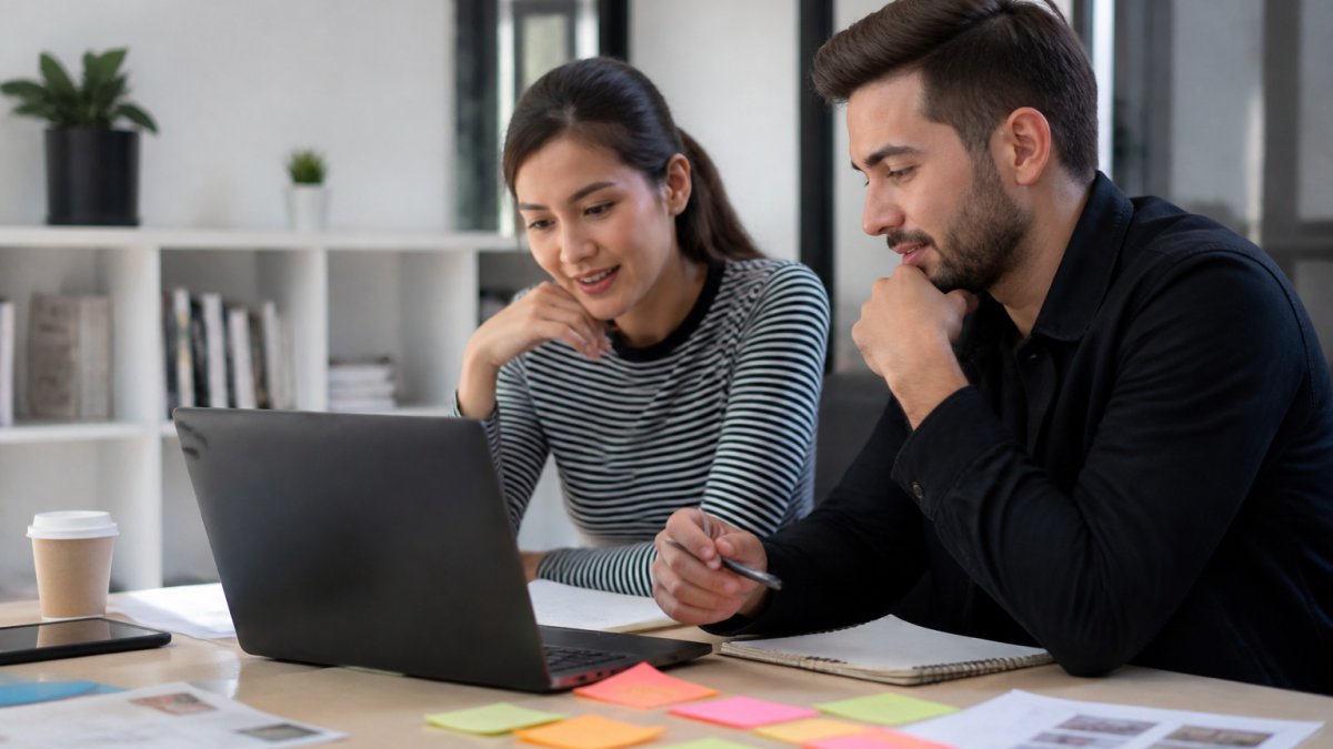 Professional brand manager and marketing team member discussing TikTok campaign strategy over a laptop and notepad in a modern workspace, with sticky notes and campaign briefs visible on the desk