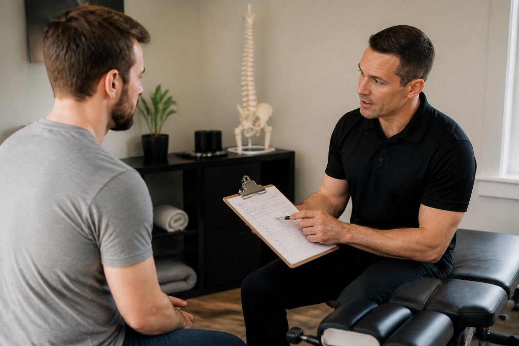 Patient sitting in a chiropractic clinic consultation room speaking with a licensed chiropractor who is reviewing notes on a clipboard and explaining treatment options