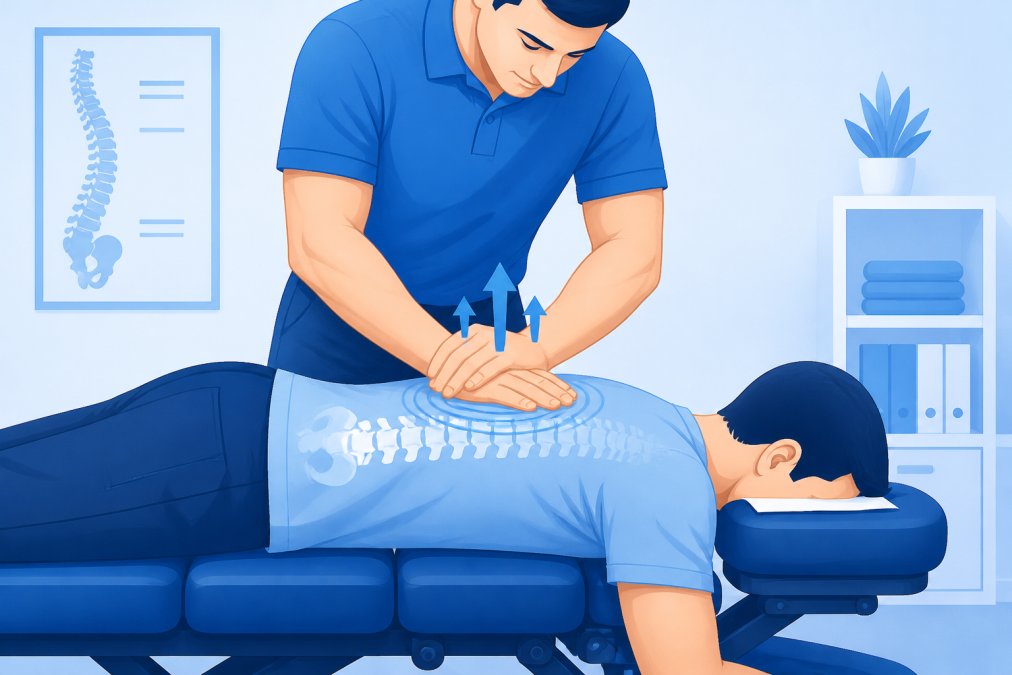 Close-up of a chiropractor performing a spinal manipulation adjustment on a patient lying face-down on a treatment table in a clinical setting