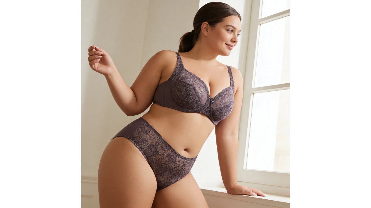 Woman wearing elegant lace shapewear set under a sheer overlay, posing confidently at a formal event with soft lighting highlighting the intricate lace pattern and structured support