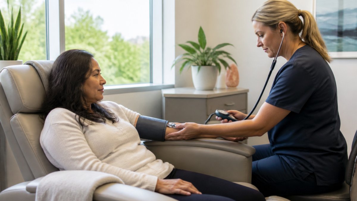 Clinician monitoring a patient’s blood pressure in a calm clinic room during an esketamine benefits treatment session.