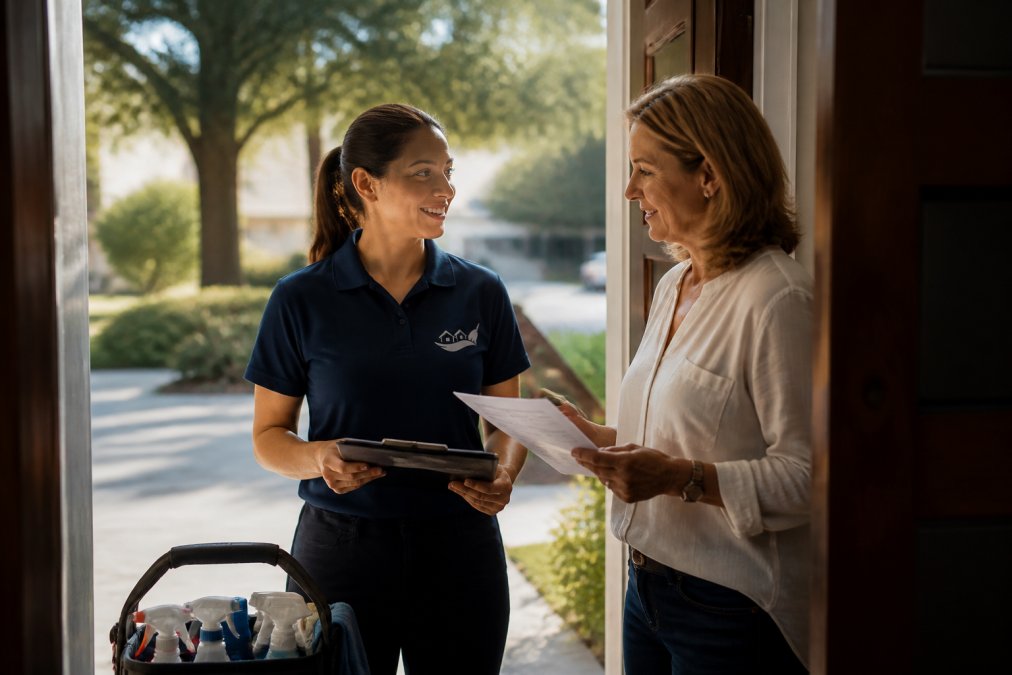 Homeowner reviewing documentation and credentials with a professional cleaner at the front door, both holding paperwork and smiling in natural daylight