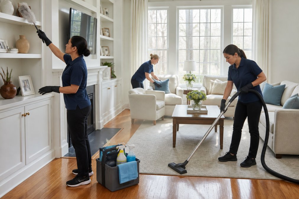 A professional cleaning team in matching uniforms dusting shelves and vacuuming a bright, tidy living room in a New England home, cleaning caddies on the hardwood floor, soft morning light through tall windows