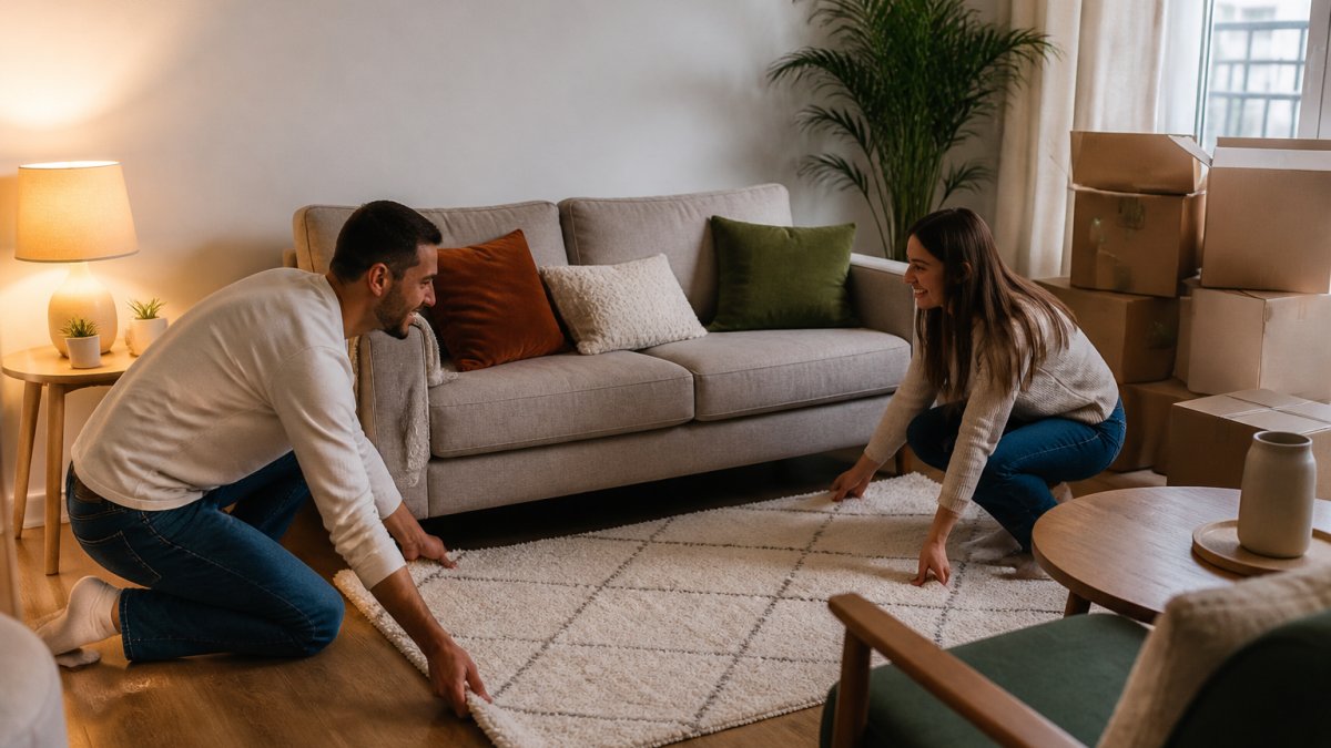 A young couple arranging a small living room in a freshly rented apartment, with a compact sofa, area rug, throw pillows, a warm lamp glowing on a side table and a plant in the corner, cardboard boxes still stacked near the wall