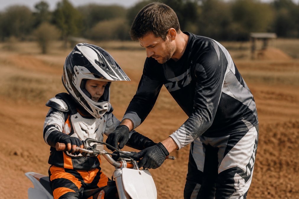 Young motocross rider in full gear receiving hands-on instruction from coach during training session, demonstrating proper body positioning and throttle control technique on dirt bike