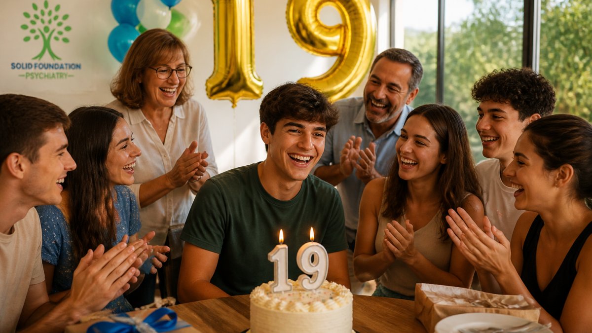 Young adult surrounded by friends and family at a celebration, with colorful '19' decorations and balloons in the background, natural daylight streaming through windows