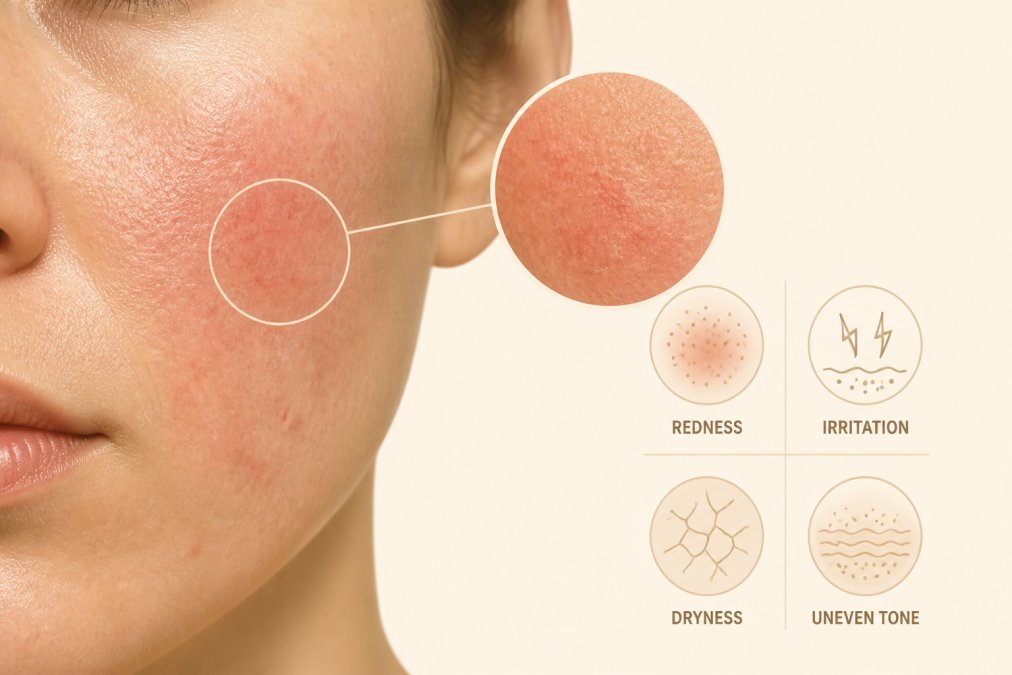 Close-up of skin texture showing visible redness, irritation, and uneven tone on cheek area with harsh natural lighting revealing compromised skin condition