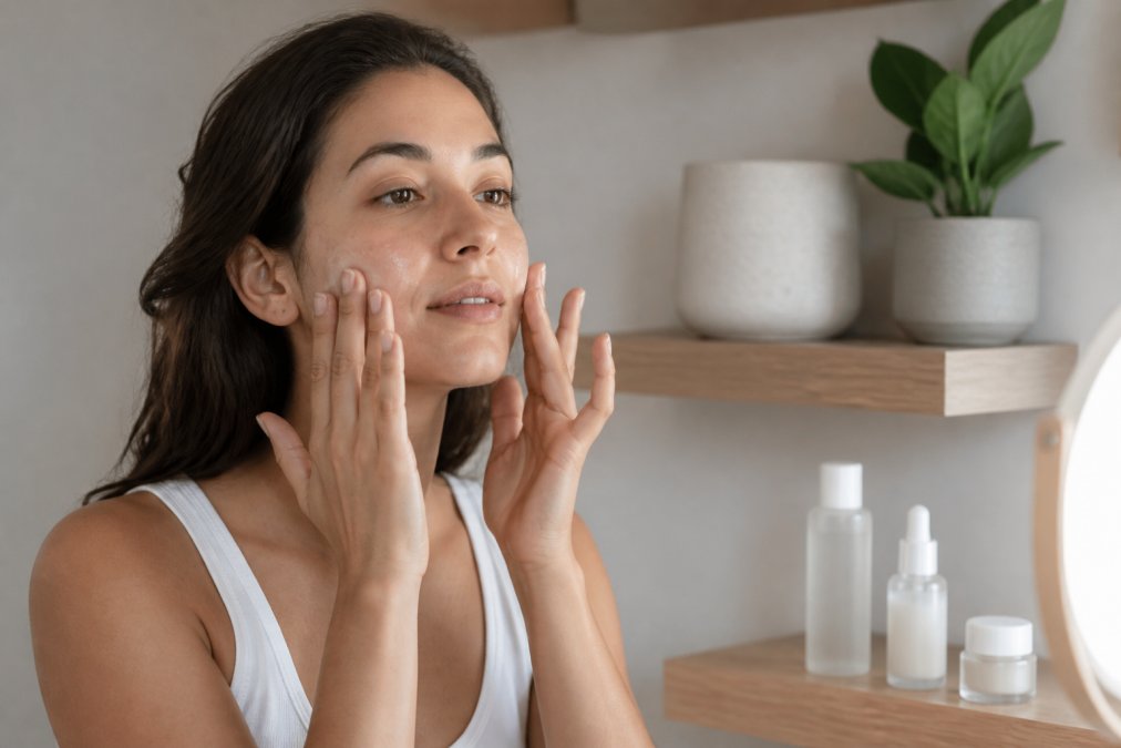 Person's hands gently applying moisturizing cream to face with fingertips using upward motions, demonstrating proper skincare application technique in bright natural lighting