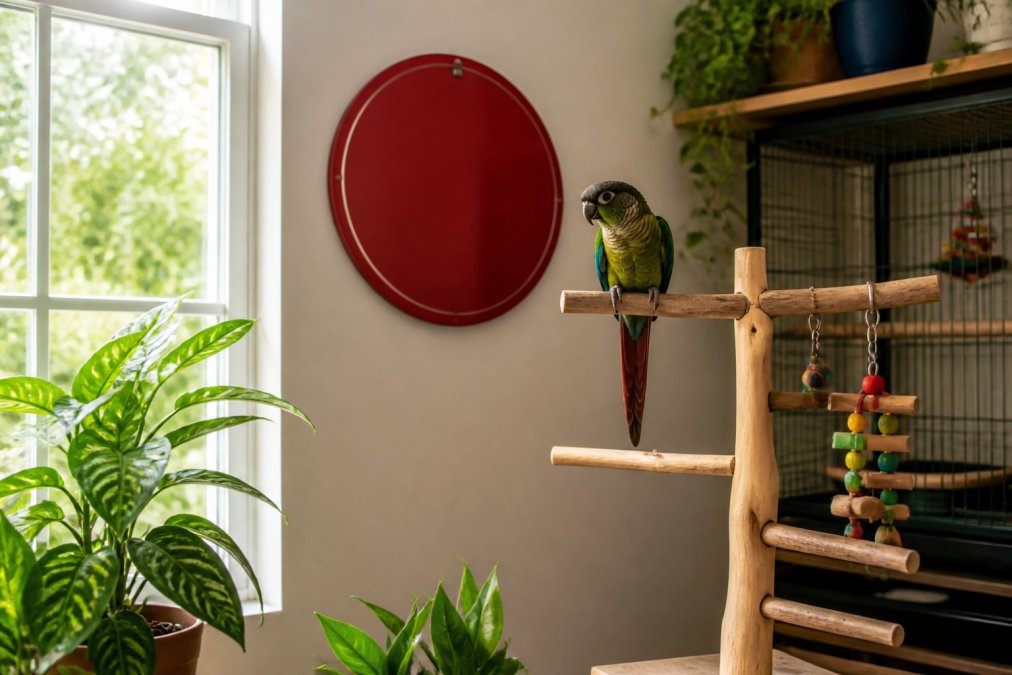 A cozy bird room corner with a Green Cheek Conure perched on a java wood stand near a bright red round aluminum sign hanging on the wall, natural window light, houseplants and a cage in the background