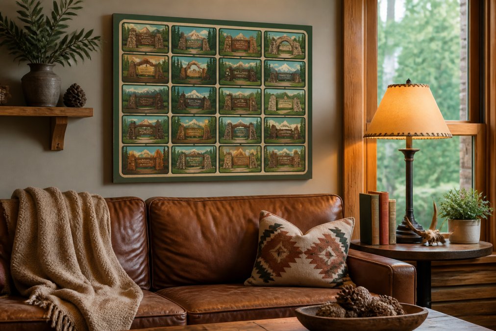 A cozy living room wall featuring a vintage-style National Parks aluminum sign with 20 park entrance illustrations, surrounded by warm wood tones, a leather couch, and soft natural light from a window