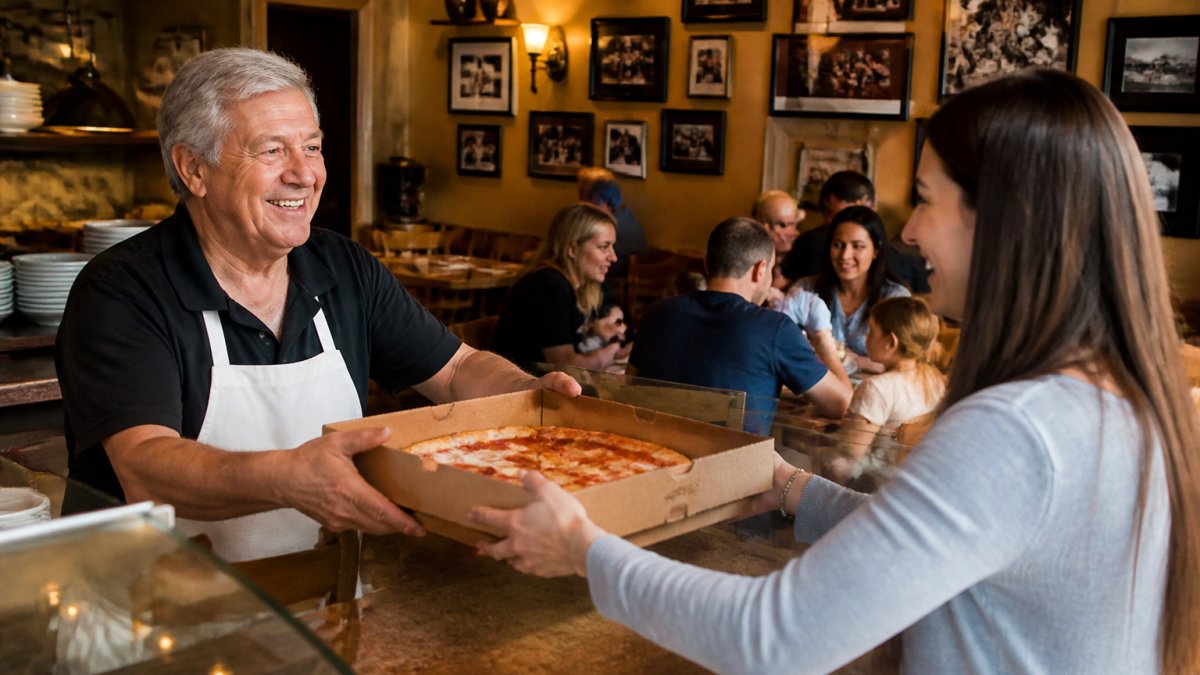 A warm pizzeria interior with a server handing a pizza box across the counter to a smiling customer, families seated at tables in the background under soft lighting