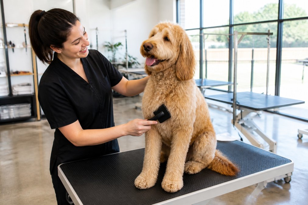A calm dog sitting on a grooming table in a bright, open salon with no cages visible, a groomer gently brushing its coat while the dog looks relaxed