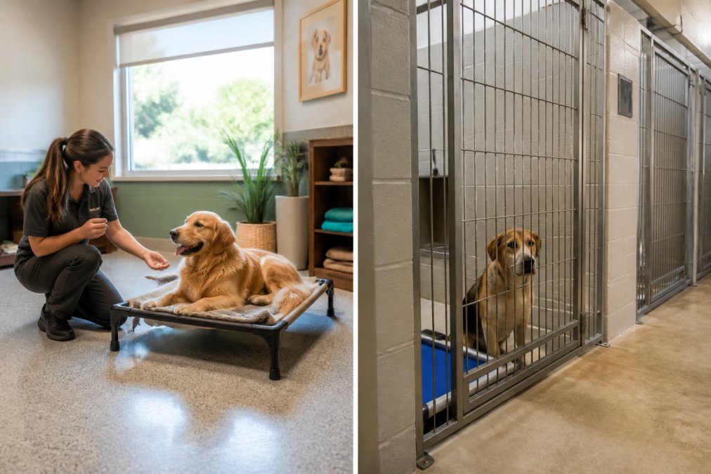 A happy golden retriever resting on a raised bed in a bright, spacious boarding suite with natural light, soft blankets, and a staff member kneeling nearby offering a treat