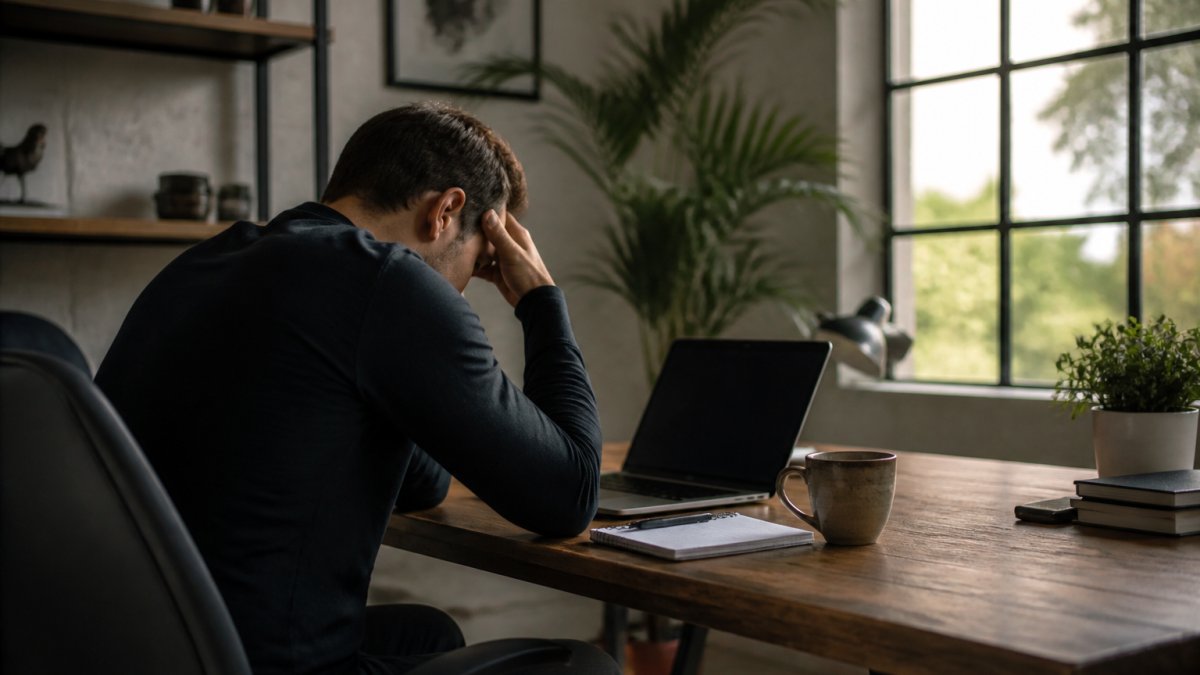 Stressed trader reflecting on market charts after experiencing slippage trading losses at a home desk.