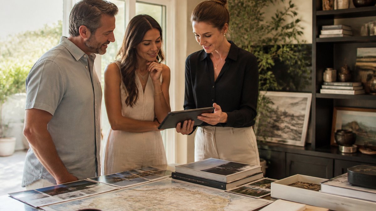 A travel advisor and a couple reviewing a custom itinerary on a tablet in a warm, sunlit home office with maps and travel books on the desk