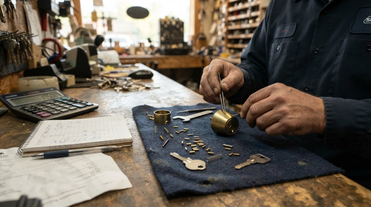 Locksmith hands using a rekeying kit on a brass deadbolt cylinder to assist with rekeying home locks.