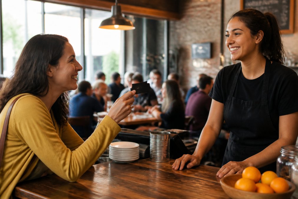 Smiling diner showing their membership card to a server at a local regulars club restaurant counter
