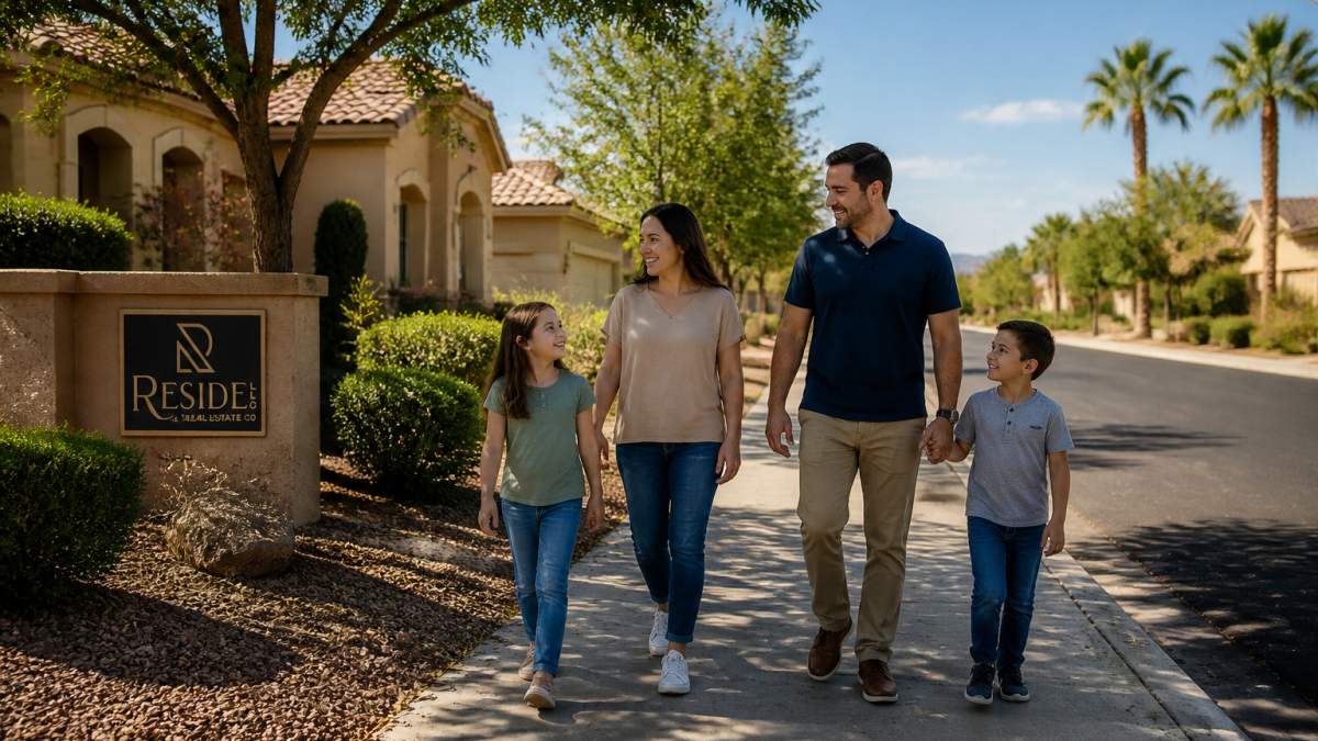 A family with two children walking through a tree-lined suburban Henderson street with single-story homes and desert landscaping in the background
