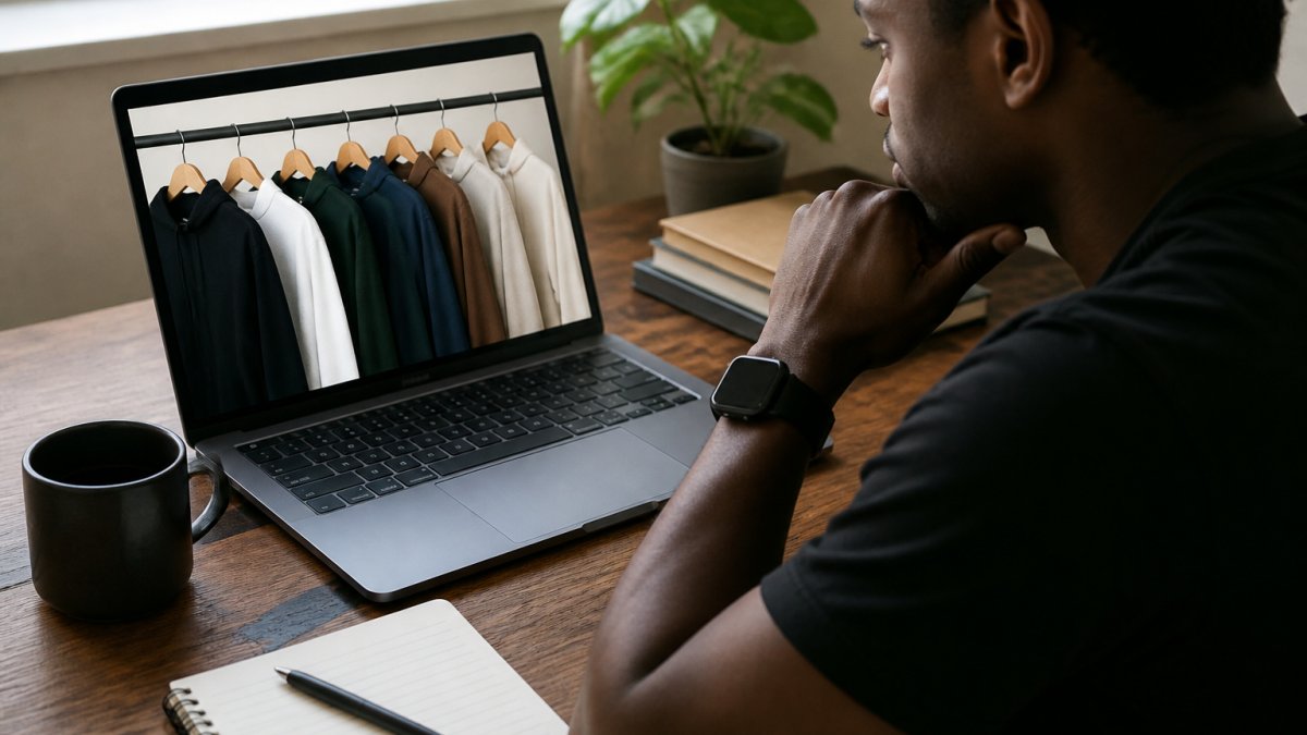 Person in a motivational graphic tee reviewing clothing options on a laptop at a wooden desk, warm natural light